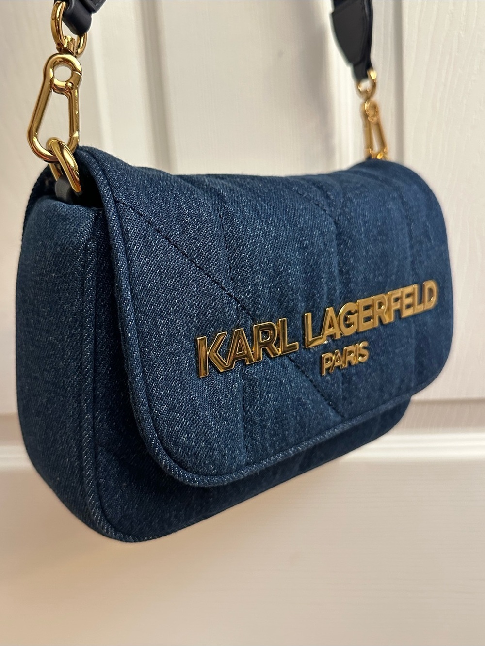 Karl Lagerfeld Quilted Dark Blue Denim Crossbody with Gold Logo - Picture 2 of 16